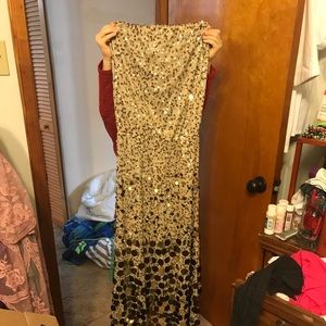 Full length, strapless, gold sequin dress. Worn only once to a wedding.